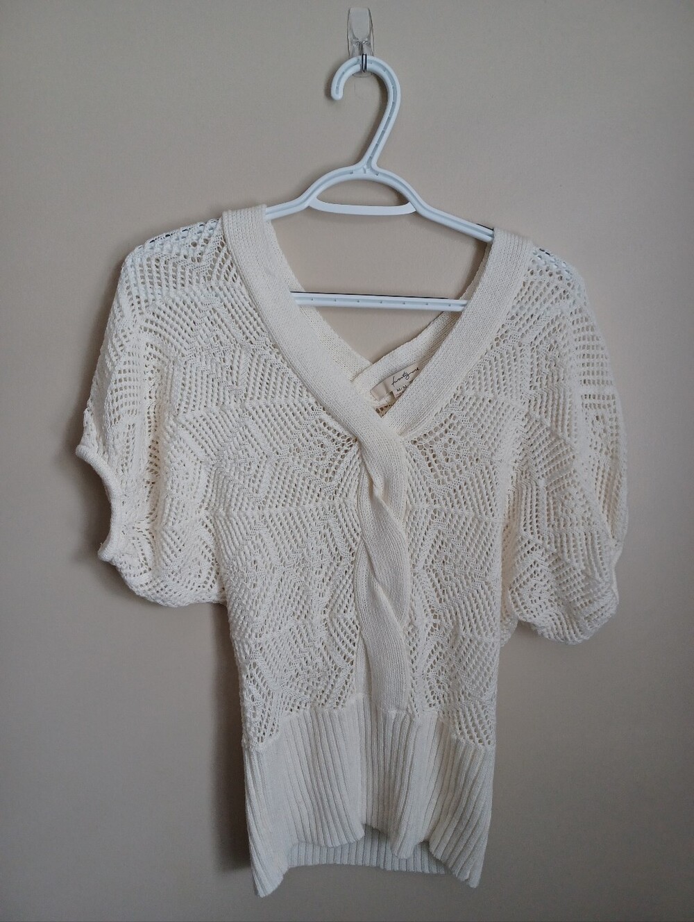 Women's Size M Twenty-One Cream Acrylic Short Sleeve Knit Sweater Shirt Top